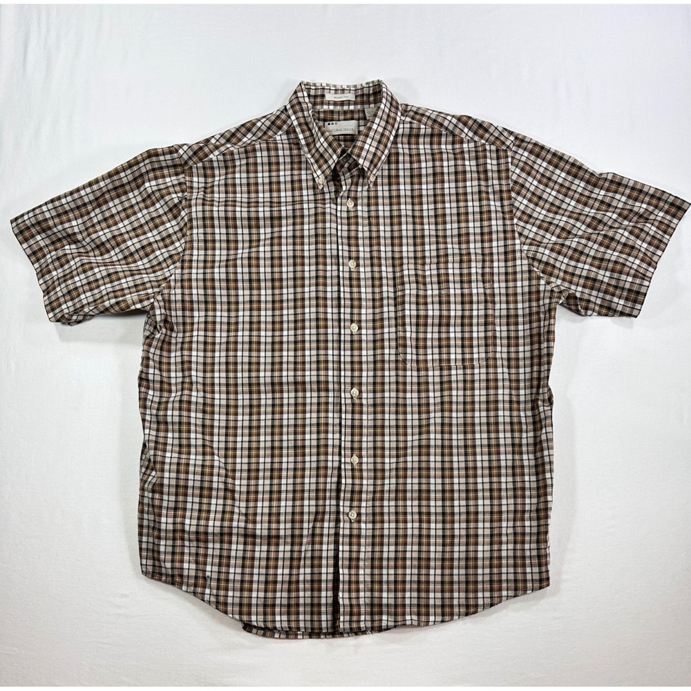 Natural Issue Mens Large Brown Plaid Short Sleeve Button Down Wrinkle Free Shirt